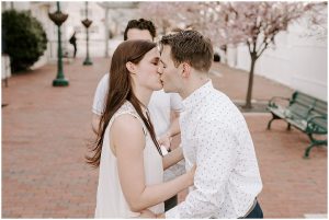 downtown elopement bride and groom first kiss