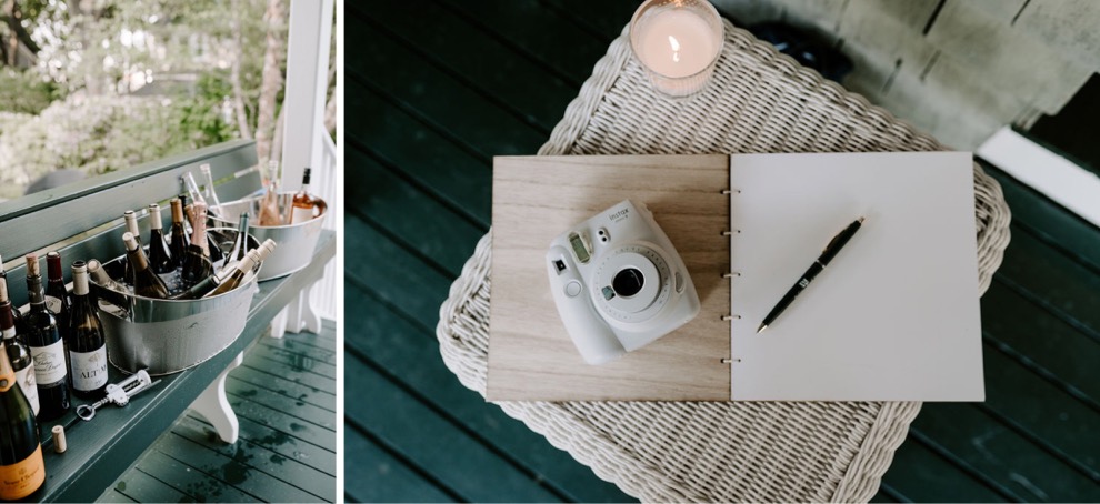 wedding day details with champagne, polaroid camera, and guest book