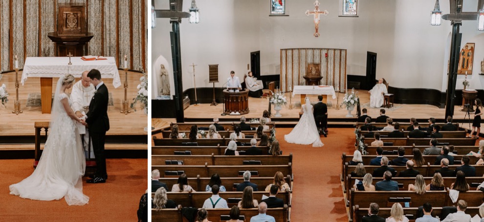 bride and groom standing together at altar during church wedding 