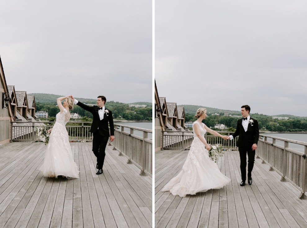 bride and groom dance and twirl on balcony overlooking ocean